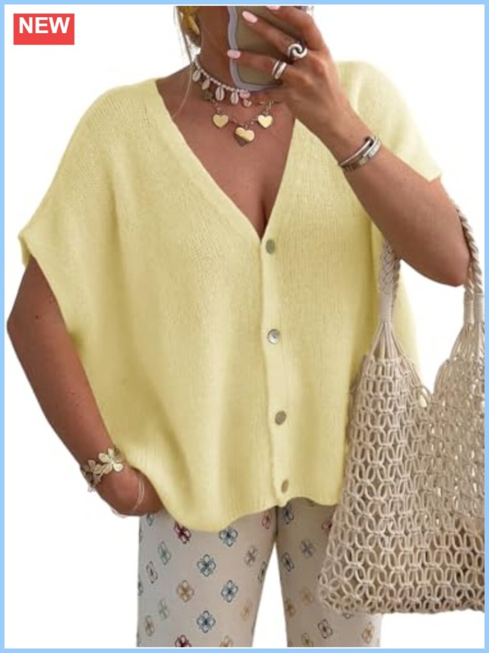 Womens Oversized Cardigan Sweater V-Neck Button Down Short Sleeve Batwing Knit